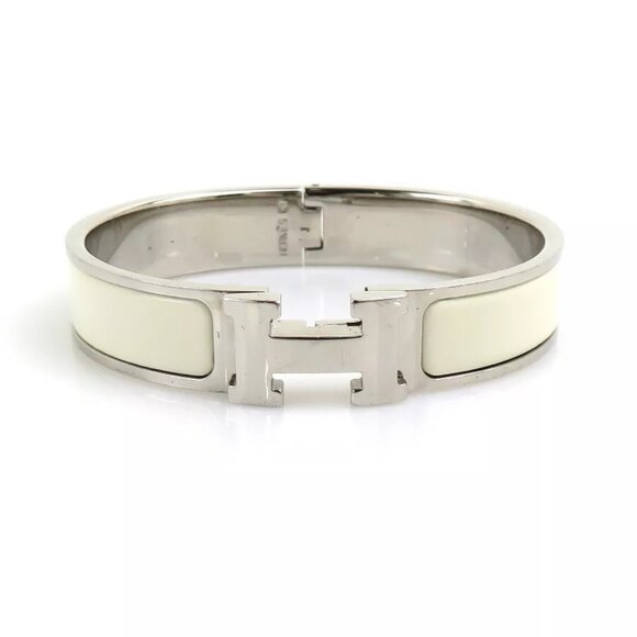 Auth HERMES Clic Clac H Bangle Bracelet Silver/Off White Metal/Enamel - Picture 2 of 16